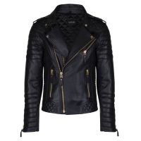 Biker Mens Quilted Leather Jacket with Golden Hardware front view