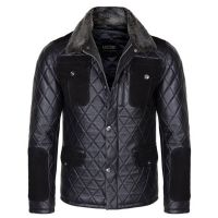 Diamond Leather Jacket with Fur Collar & Flapped Pockets front view