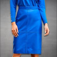 Leather Midi Pencil Skirt Blue front view