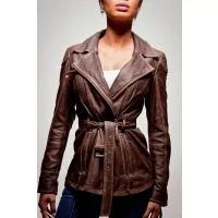 women leather military jacket closed front view